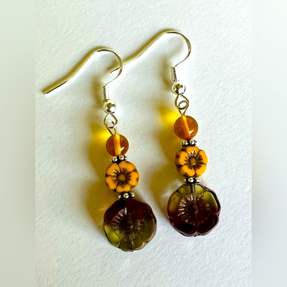 SOLD. Solid Sterling, Czech and Amber Earrings